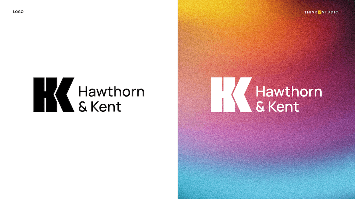 Two Hawthorn & Kent logos on white and vibrant gradient backgrounds.