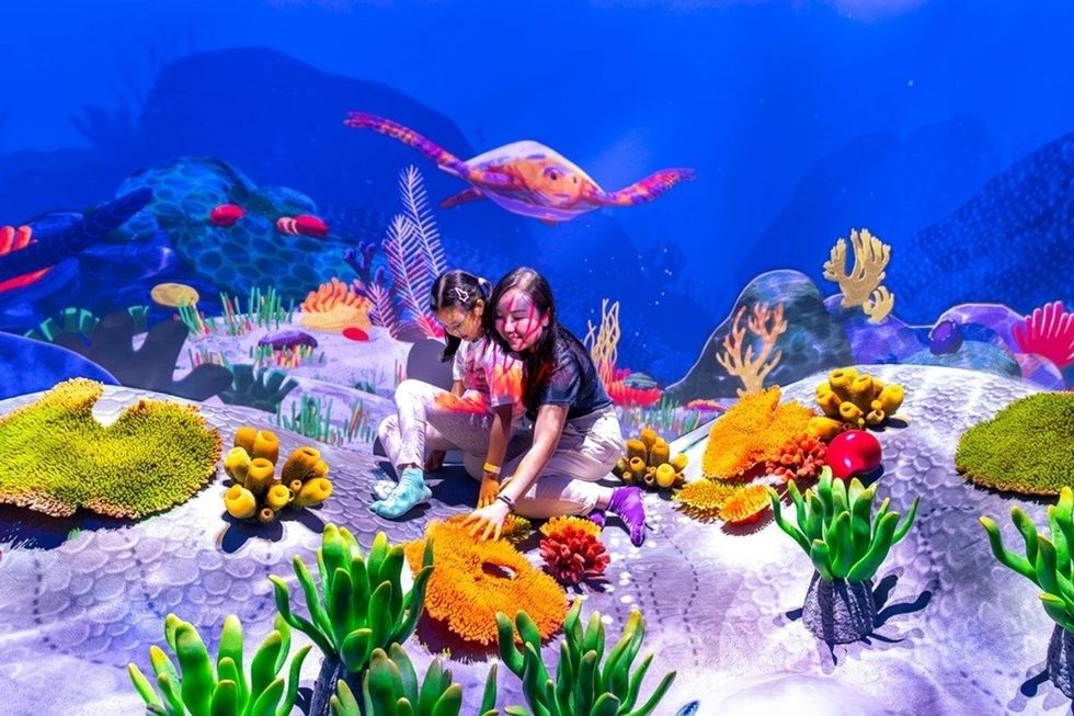 Two kids explore a colorful virtual coral reef environment with a turtle in the background.