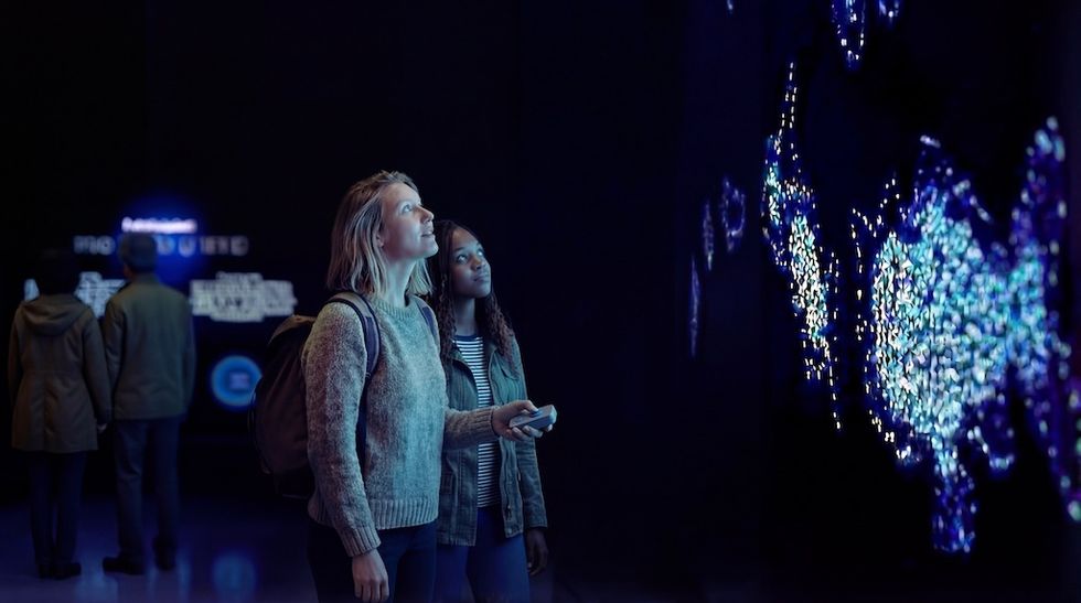 Two people admire a digital art installation in a dimly lit gallery, concept art for The Whale