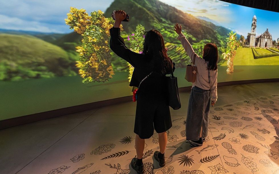 Two people gesture at a large digital scenic display with flowers and architecture.