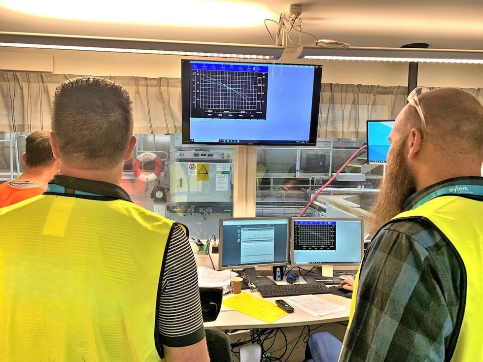 Two people in safety vests monitor data on multiple screens in a control room.