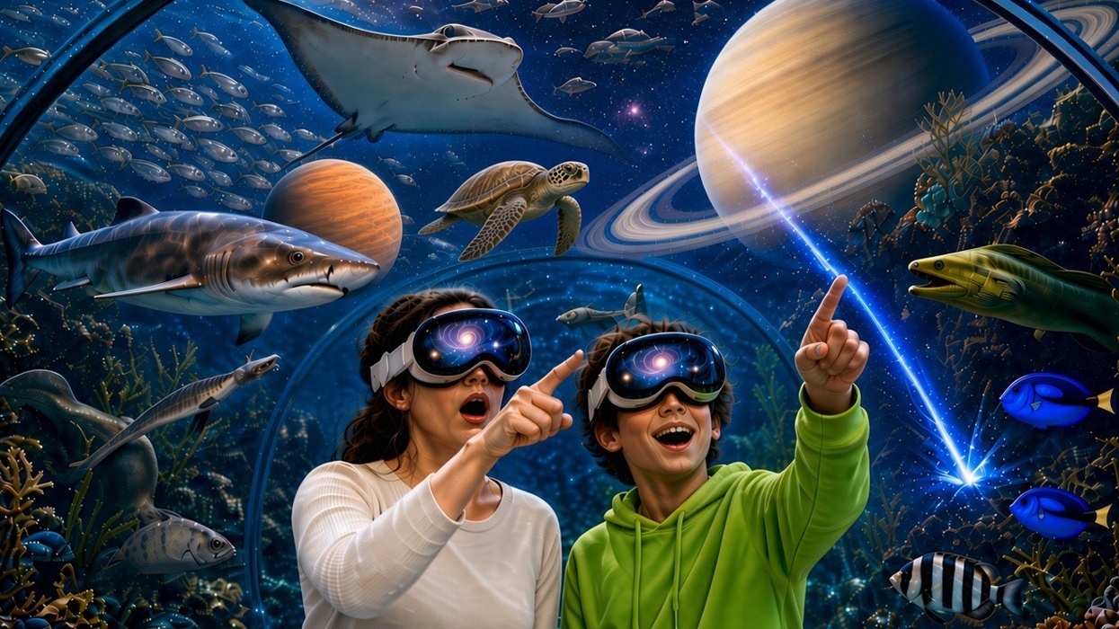 Two people in VR headsets explore oceanic life with planets and stars above at Ripley’s Aquarium of the Smokies.