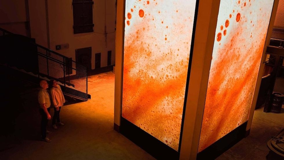 Two people look at a large digital display with an abstract orange and white bubbly pattern.