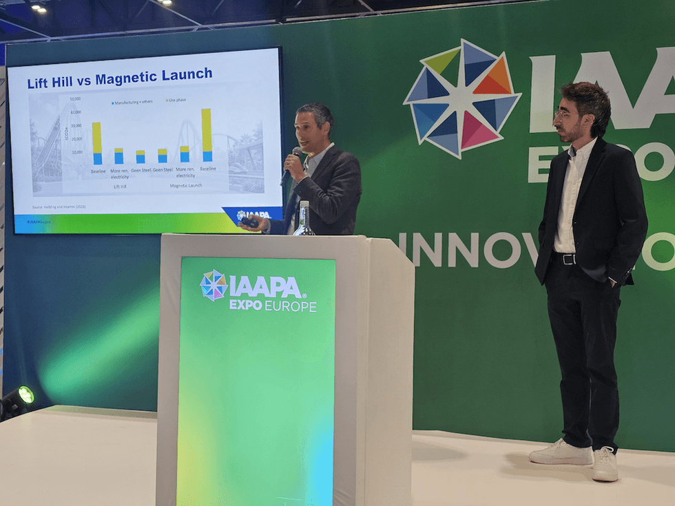 Two presenters at IAAPA Expo Europe discuss lift hill vs magnetic launch.