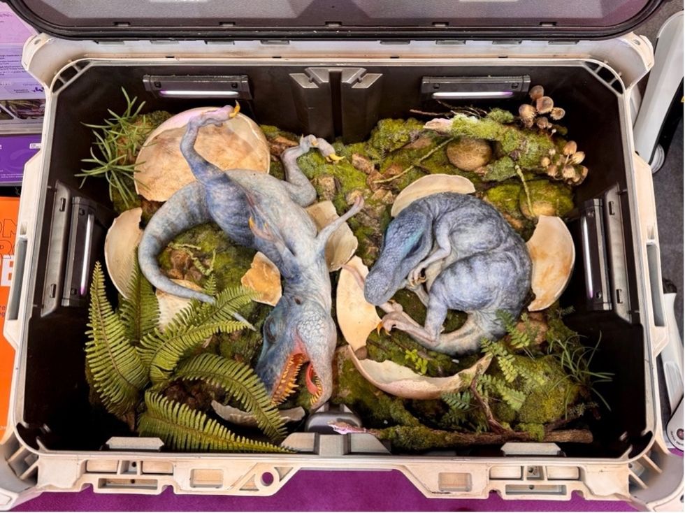 Two realistic dinosaur models in egg shells inside a case with moss and plants.