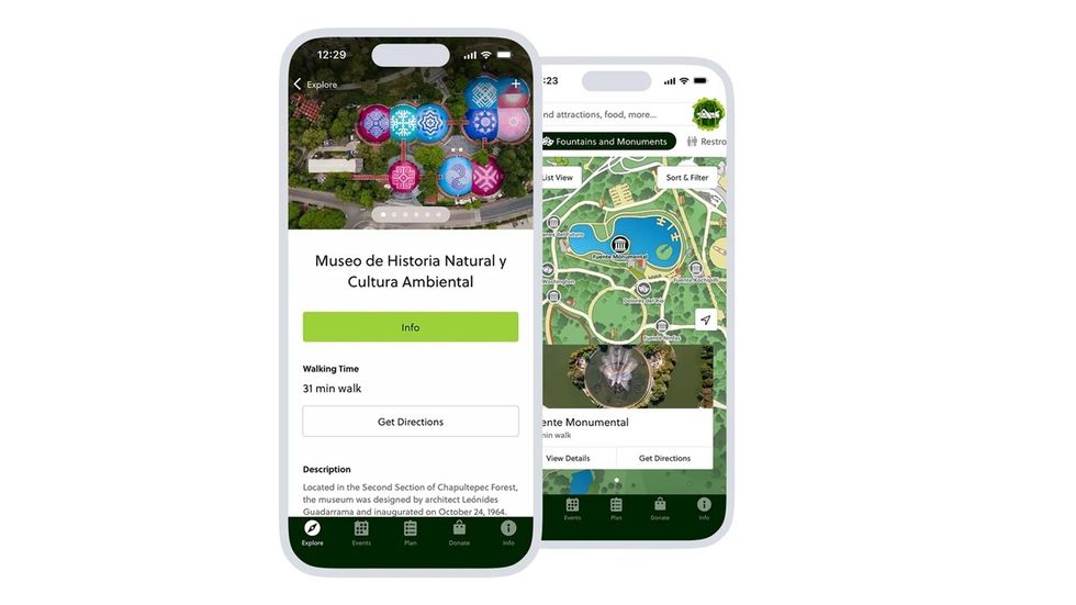 Two smartphone screens display maps and museum details for Chapultepec Forest.
