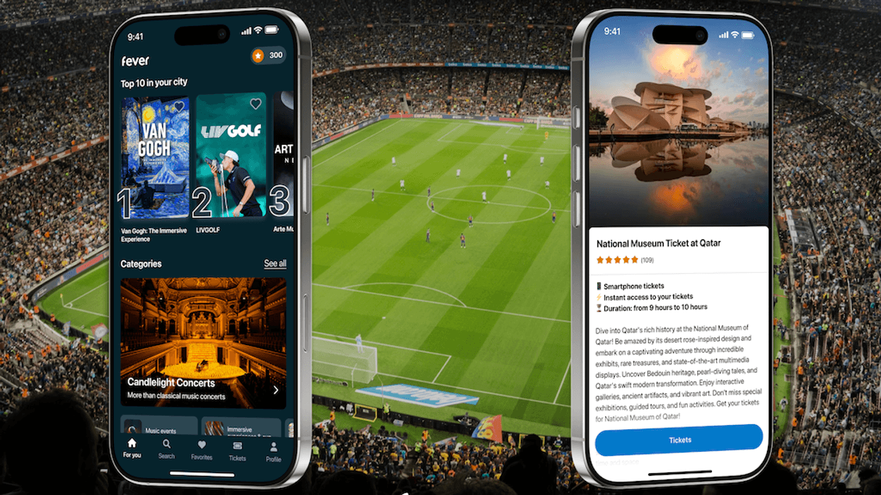 Two smartphones displaying event and ticket apps in a packed football stadium.