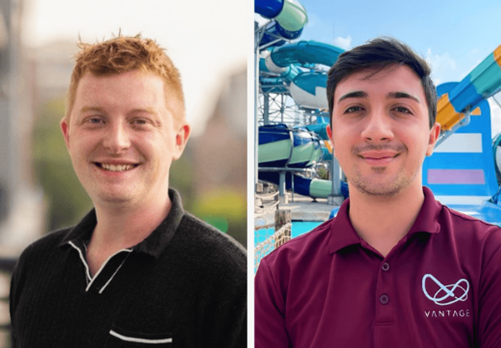 Two smiling men in outdoor settings, one in black, the other in a maroon shirt.
