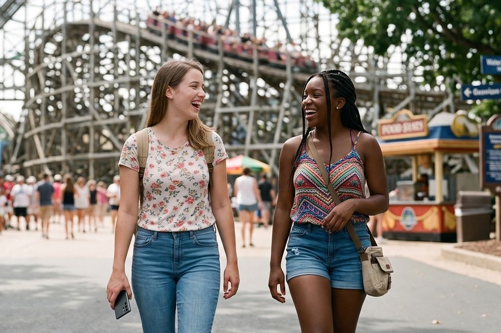 Two women laughing while walking near a wooden roller coaster at an amusement park, carrying a phone.