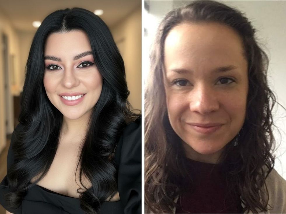 Two women smiling, one with long dark hair, one with curly brown hair.