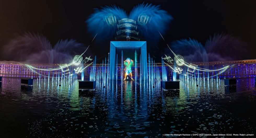 Under The Midnight Rainbow ECA2 Vibrant light and water show at night with digital art and fountains in Osaka, Japan.