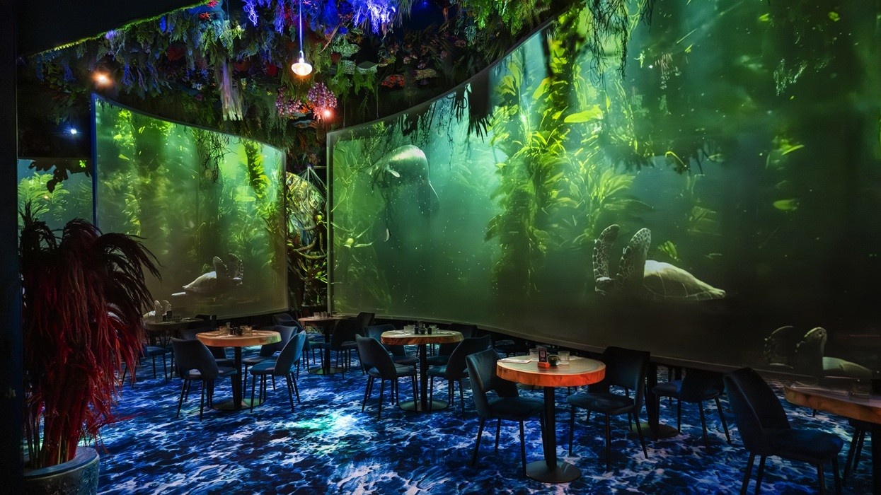 Underwater-themed restaurant interior with oceanic wall screens and blue-lit decor.