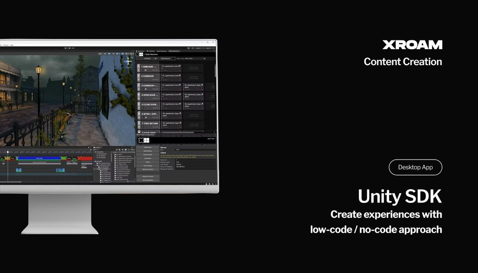 Unity SDK interface for low-code content creation by XROAM, shown on a desktop monitor.