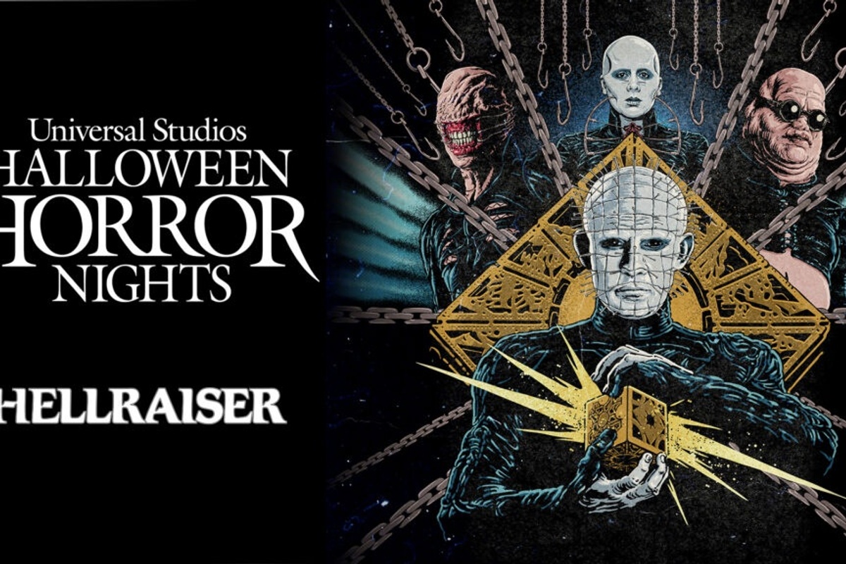 Universal Studios Halloween Horror Nights Hellraiser poster with eerie, chain-bound figures.