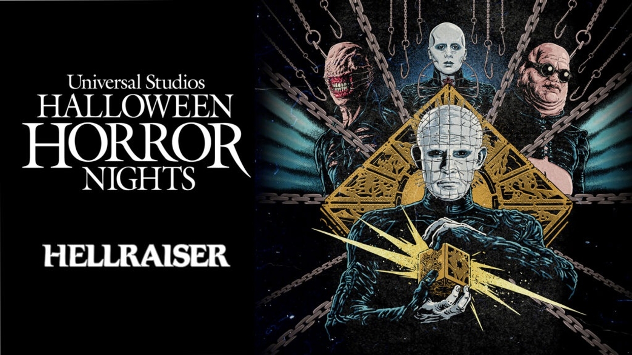 Universal Studios Halloween Horror Nights Hellraiser poster with eerie, chain-bound figures.