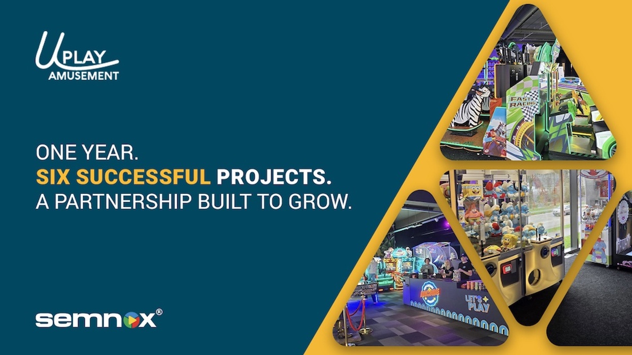UPlay Amusement celebrates six successful projects in a year; features arcade images.