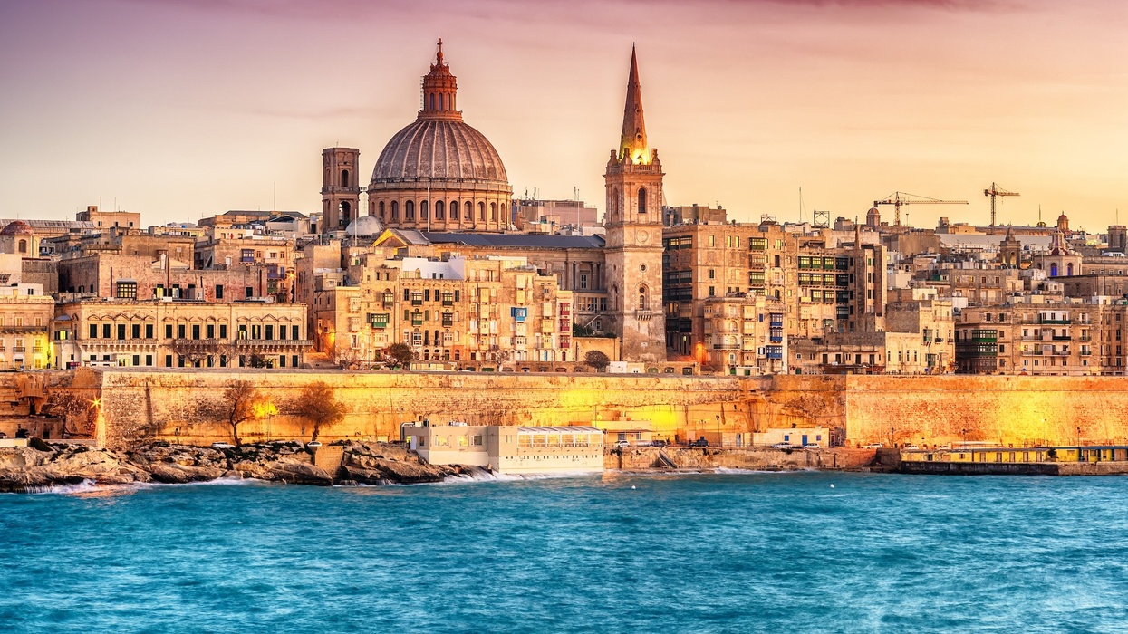 Valletta, Malta: skyline from Marsans Harbour at sunset