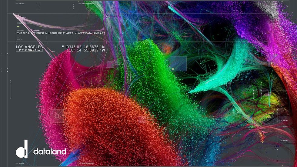 Vibrant, abstract digital art with colorful swirling textures and coordinates, text reads Dataland, the world's first museum of AI arts