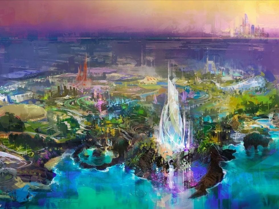Vibrant, abstract landscape with futuristic cityscape and colorful architecture by the water at Disneyland Abu Dhabi