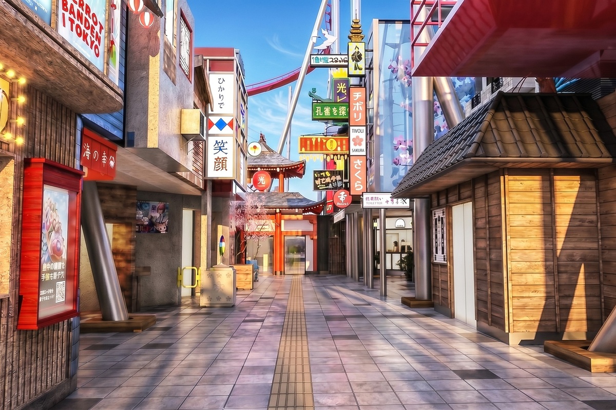 Vibrant Asian street at Tivoli Gardens with colorful signs and wooden storefronts under a blue sky.