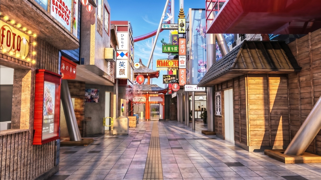 Vibrant Asian street at Tivoli Gardens with colorful signs and wooden storefronts under a blue sky.