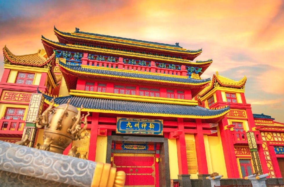 Vibrant Chinese temple with intricate details at sunset at fantawild oriental heritage taiyuan