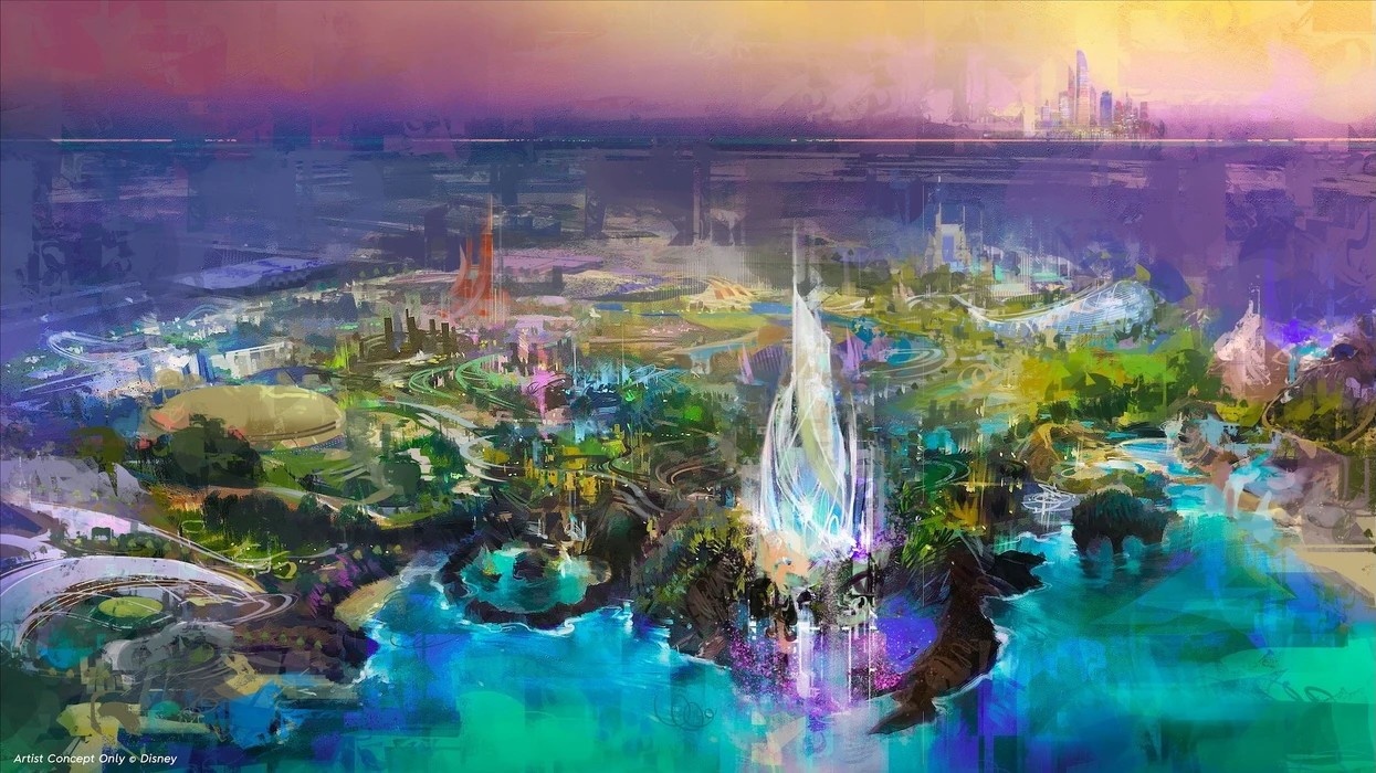 Vibrant concept art of a colorful, fantastical theme park with futuristic structures.