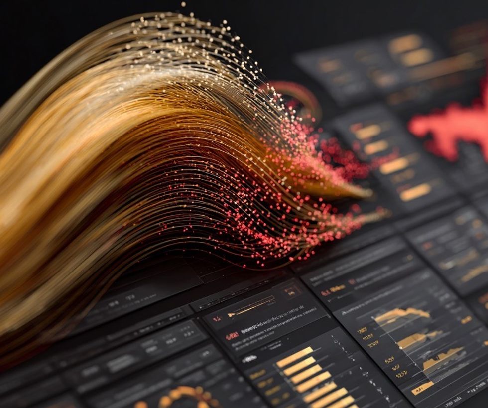 Vibrant data visualizations with flowing lines and charts on a digital dashboard.