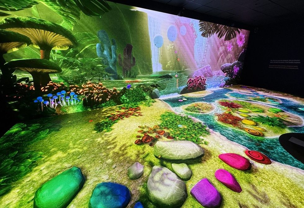 Vibrant digital jungle scene with colorful mushrooms, plants, and luminous paths.