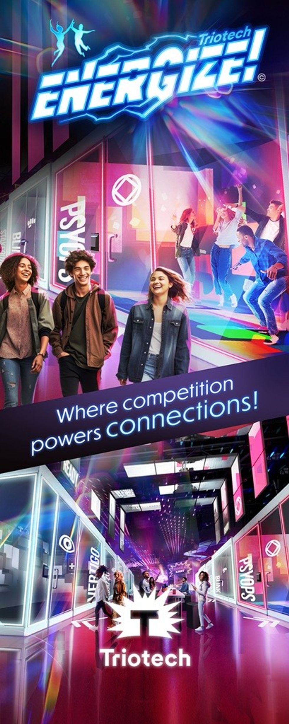 Vibrant gaming space with excited people, colorful lights, and "Energize!" logo by Triotech.