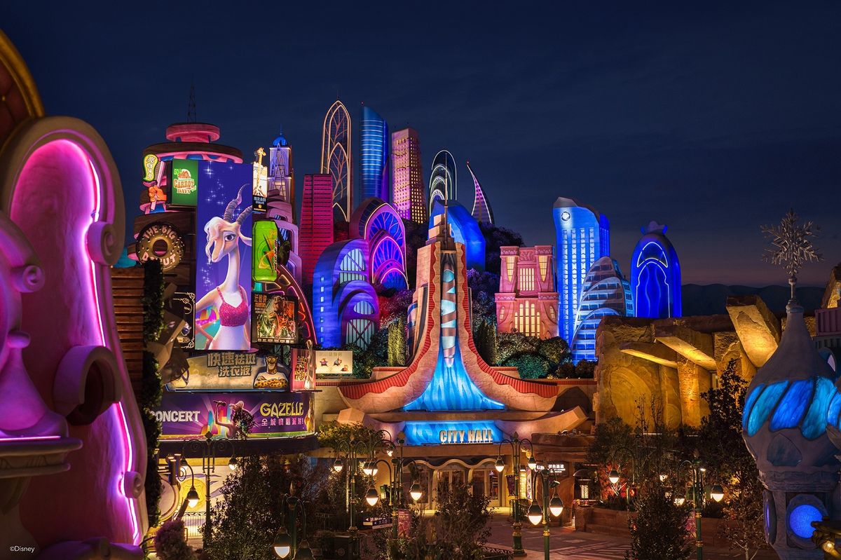 Vibrant, illuminated cityscape with colorful neon lights and animated billboards at night, Zootopia at Shanghai Disney