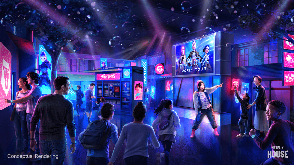Vibrant sci-fi theme park with digital displays and excited visitors exploring attractions.