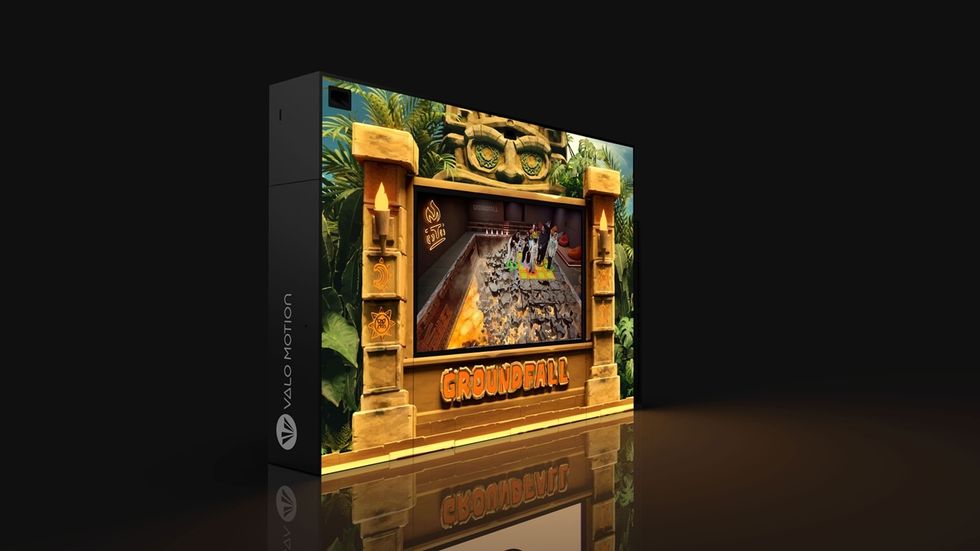 Video game display for "Groundfall" with jungle-themed graphics and logo.