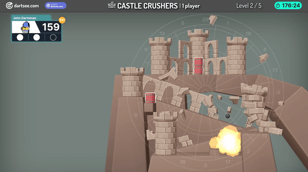 Video game screen with crumbling castle and score of 159 in "Castle Crushers."