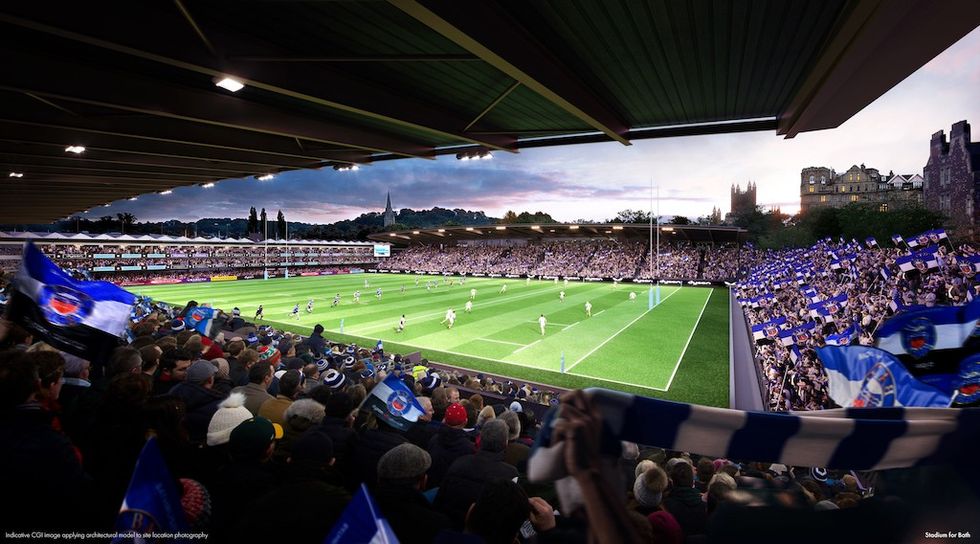 View from east stand of proposed stadium – note views of Bath Abbey from the stadium bowl.