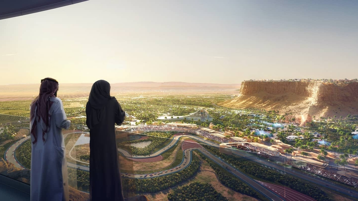 View of Resort Core and Speed Park at Qiddiya from clifftop