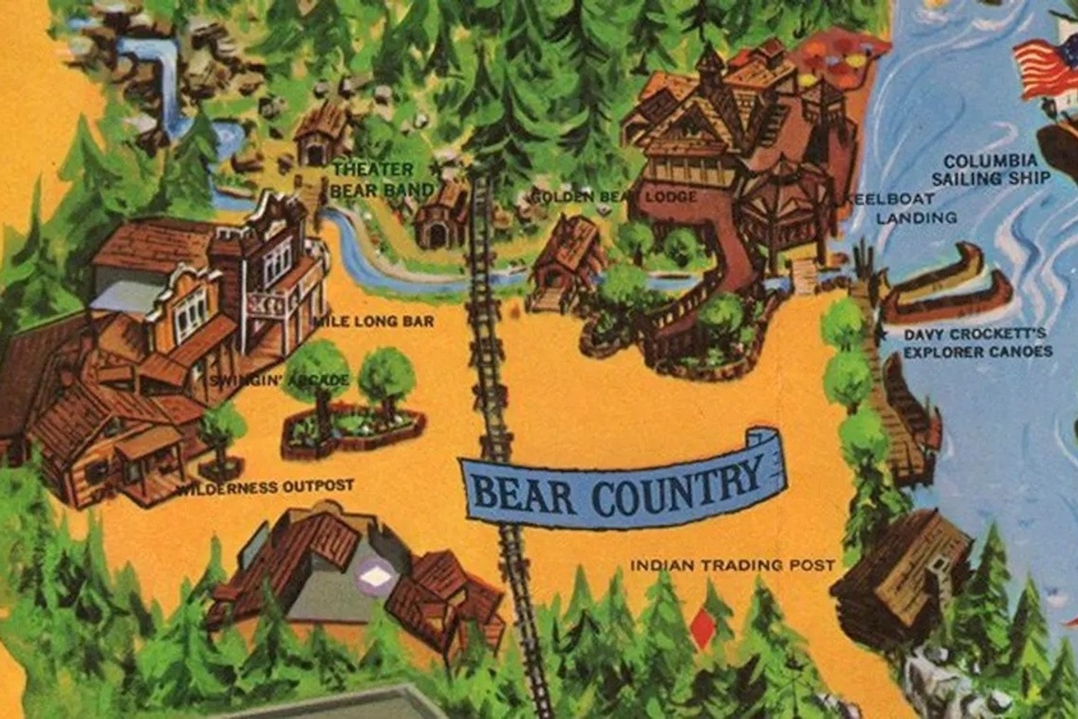 Vintage "Bear Country" Disneyland park map with attractions and waterway.