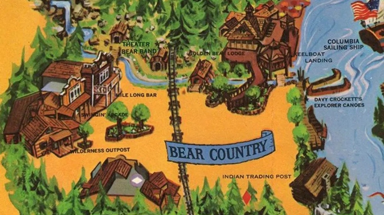 Vintage "Bear Country" Disneyland park map with attractions and waterway.