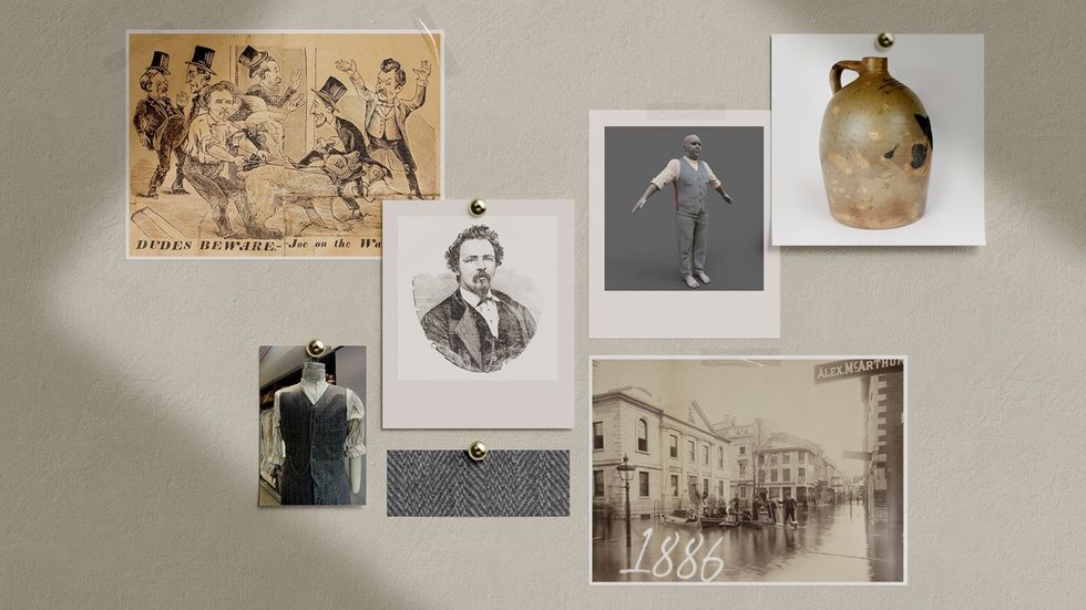 Vintage collage with photos, illustrations, and a jug on a textured wall.