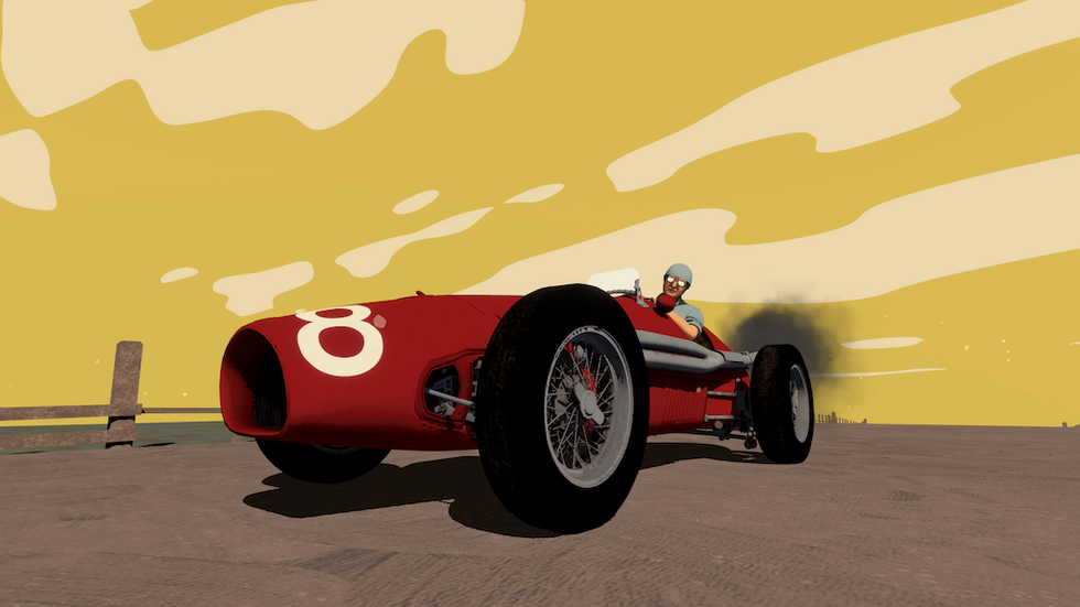 Vintage red race car with number 8 against a dramatic yellow sky.