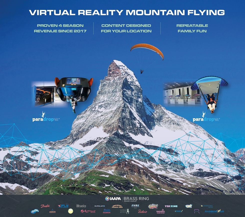 Virtual reality mountain flying experience with parasailing simulators.