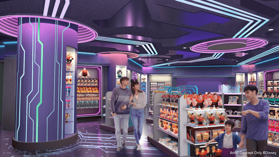 Visitors browse brightly lit merchandise displays in a futuristic, neon-accented Disney store.
