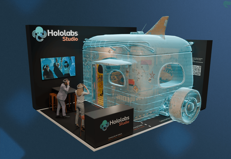 VR exhibition booth with holographic airplane at Hololabs Studio display.