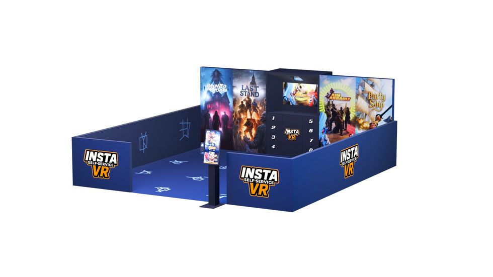 VR gaming booth with posters and "INSTA SELF-SERVICE VR" logos on blue panels.
