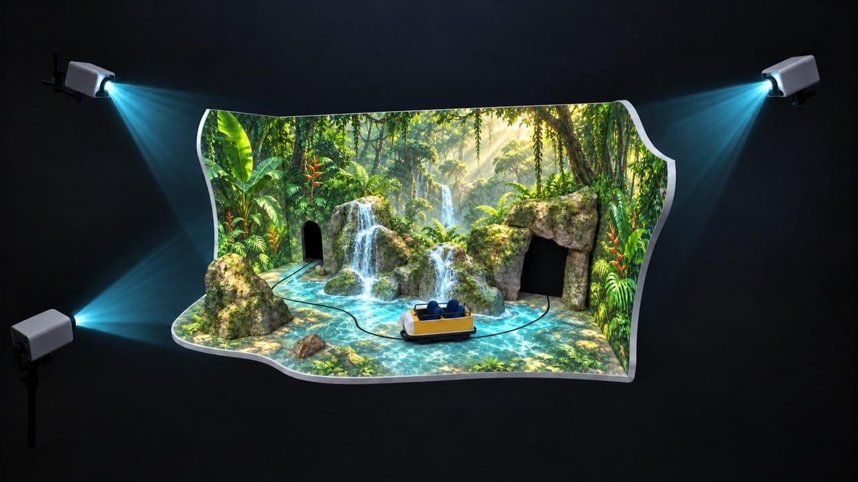 VR jungle ride setup with waterfalls, boat, and projectors on a curved screen.