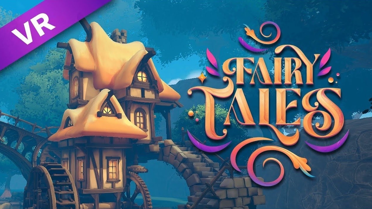 VR scene with whimsical houses and text "Fairy Tales."