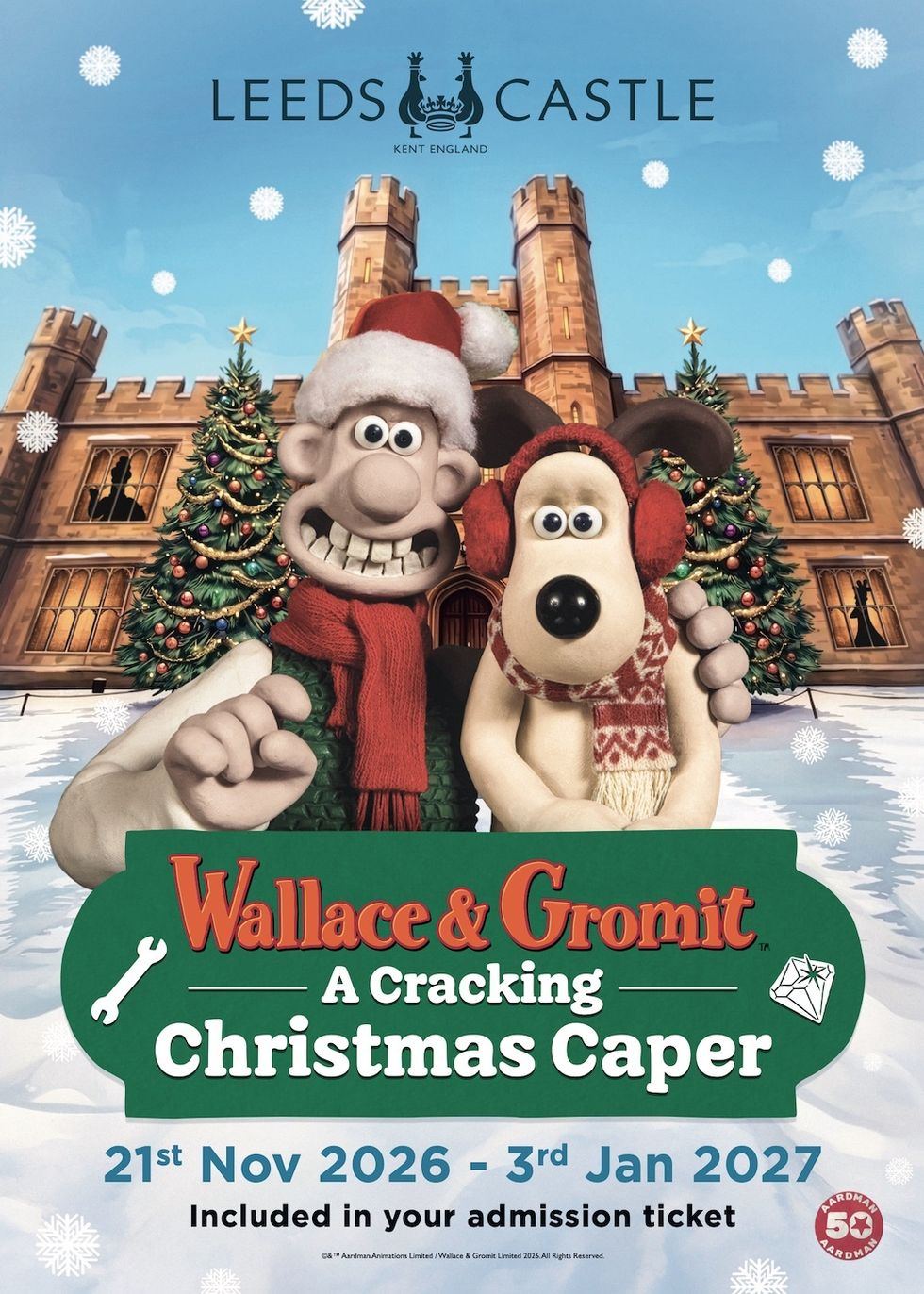 Wallace and Gromit Christmas event poster at Leeds Castle, with festive decorations.