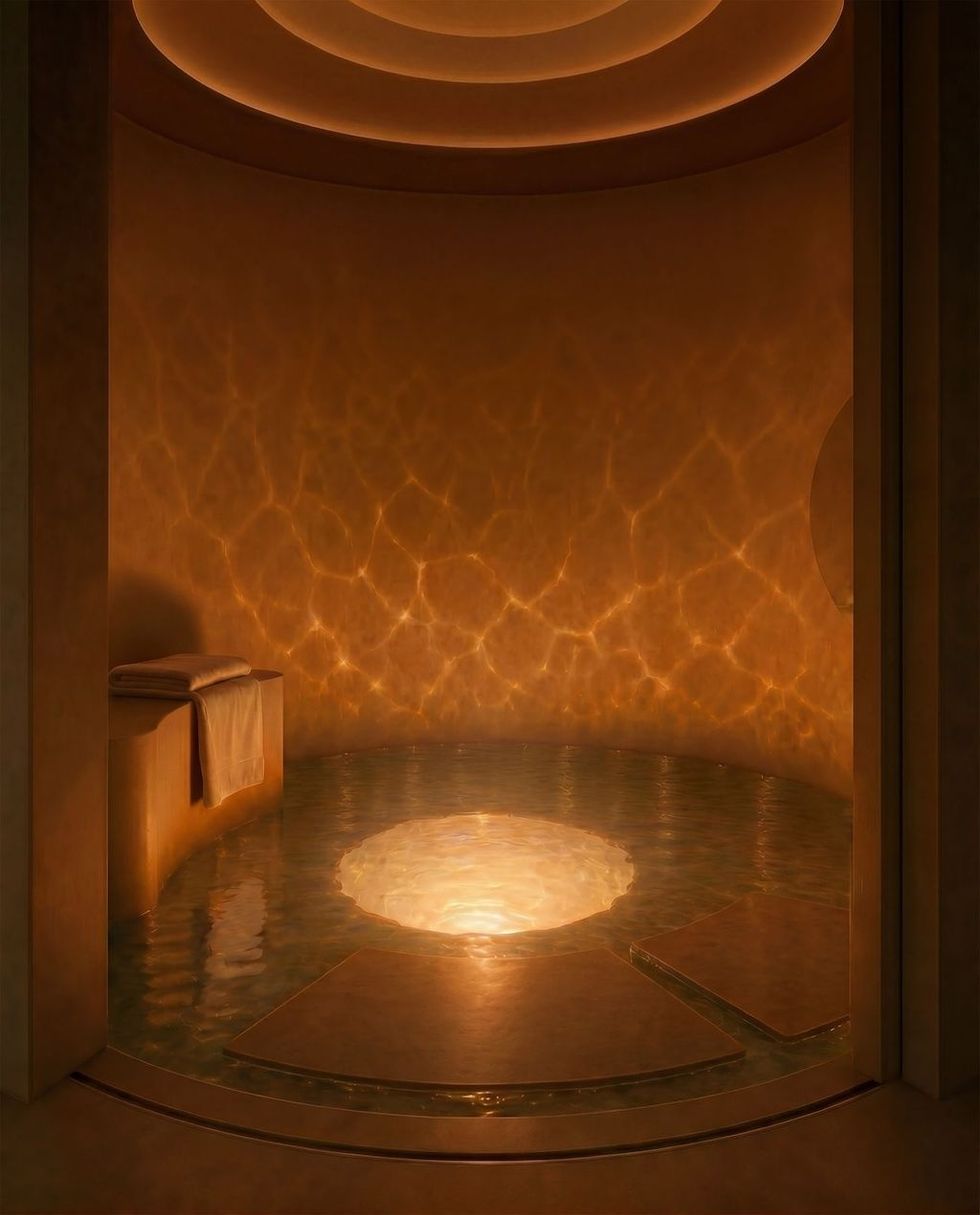 Warmly lit circular spa room with a central illuminated pool.