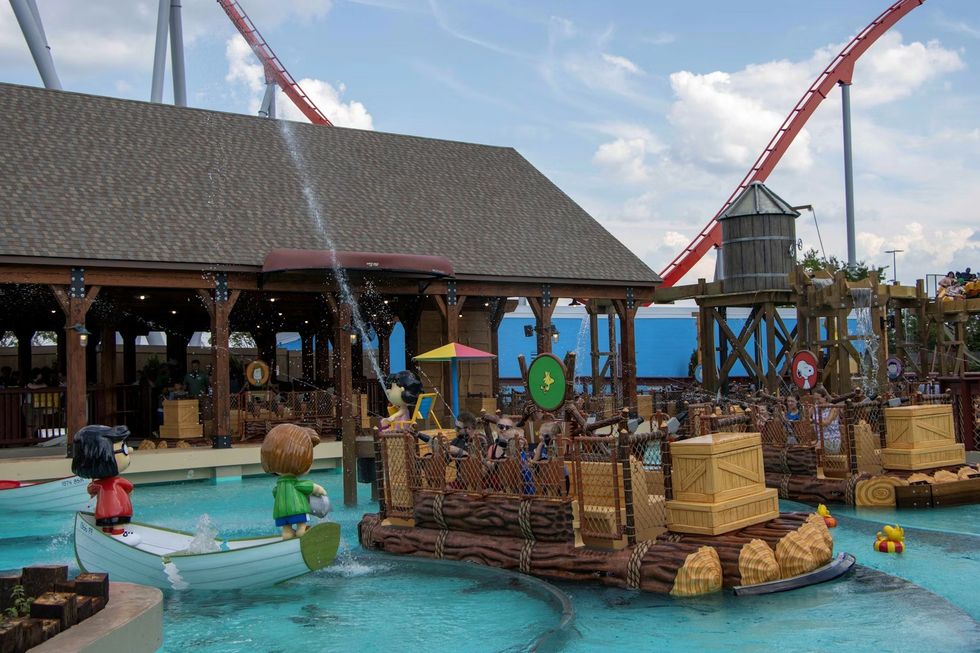 water features at Charlie Brown\u2019s River Raft ride at Carowinds Amusement Park