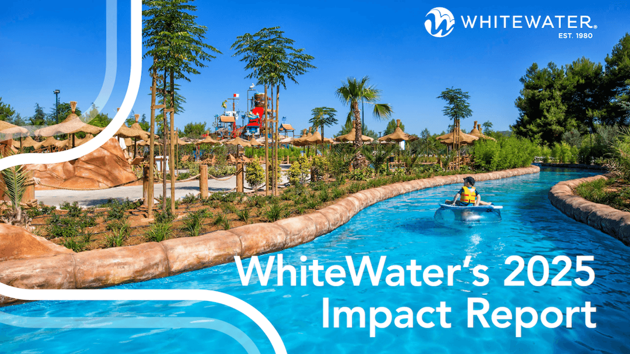 Water park scene with lazy river and greenery, "WhiteWater's 2025 Impact Report" text.
